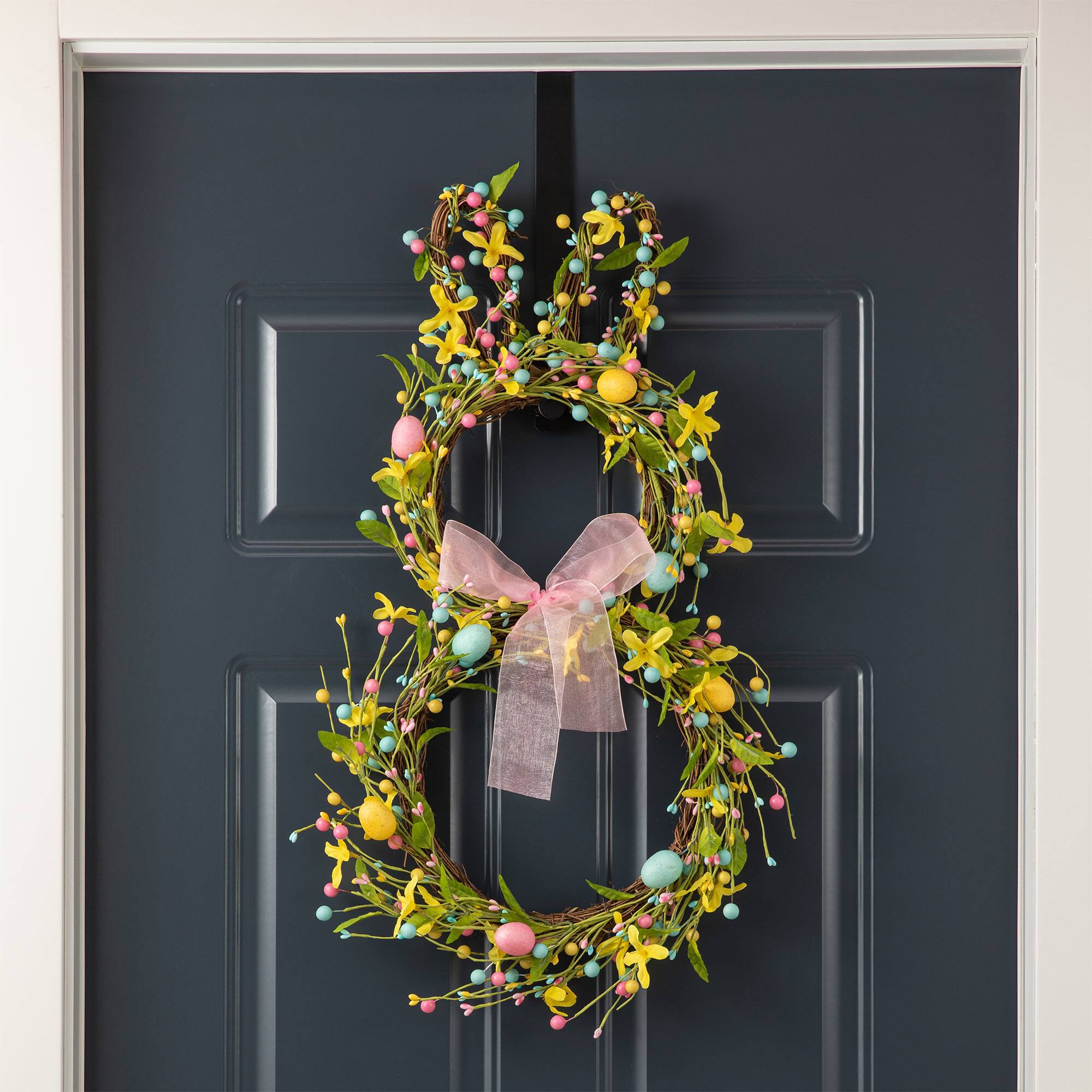 Glitzhome® 25" Easter Bunny Shaped Wreath with Eggs & Satin Ribbon Bow